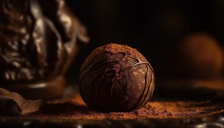 Dark chocolate truffle ball, a gourmet indulgence on rustic wood generated by artificial intelligenceの素材
