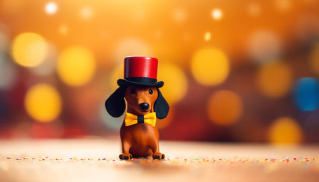 Cute puppy sitting on table with gift, surrounded by decorations generated by artificial intelligenceの素材