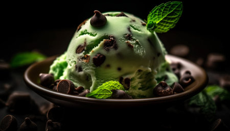 Indulgent gourmet dessert dark chocolate mousse with peppermint ice cream generated by artificial intelligenceの素材