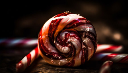 Sweet candy cane dessert with striped decoration on dark background generated by artificial intelligenceの素材