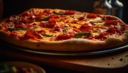 Freshly baked pizza on rustic wooden table, topped with mozzarella generated by artificial intelligenceの素材