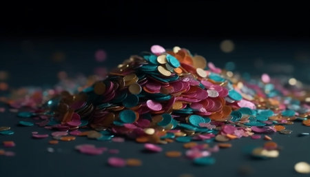 Multi colored confetti falling on shiny, glittery decorations for celebration generated by artificial intelligenceの素材