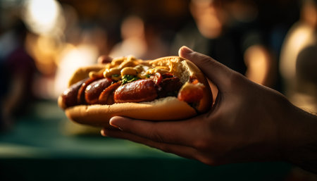 Hand holding grilled hot dog, unhealthy pub food, American culture generated by artificial intelligenceの素材