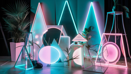 A modern, futuristic domestic room with bright, glowing lighting equipment generated by artificial intelligenceの素材