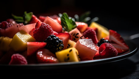 Healthy fruit salad with a gourmet variation on a wooden plate generated by artificial intelligenceの素材