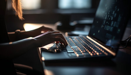 Businessman typing on computer keyboard in dark office at night generated by artificial intelligenceの素材