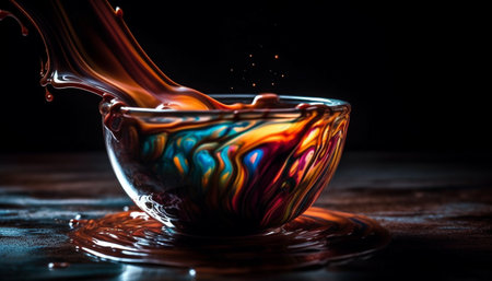 Wooden table with rustic pottery bowl of fresh gourmet coffee generated by artificial intelligenceの素材