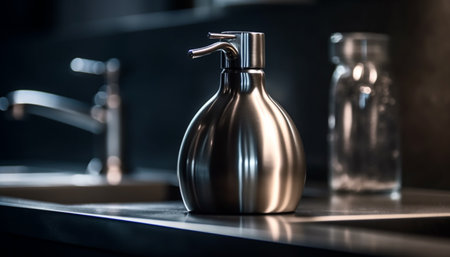Modern kitchen counter with sleek stainless steel faucet and sink generated by artificial intelligenceの素材