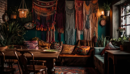 Modern rustic home interior design with indigenous culture decoration generated by artificial intelligenceの素材