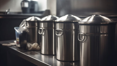 Modern stainless steel kitchen equipment for healthy cooking preparation generated by artificial intelligenceの素材