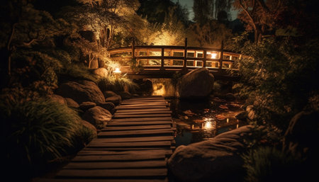 Tranquil scene of an illuminated bridge over a dark pond generated by artificial intelligenceの素材