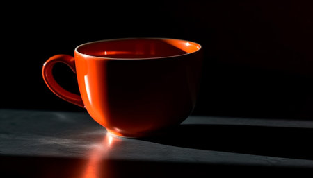 Hot coffee in a shiny mug on a wooden table generated by artificial intelligenceの素材