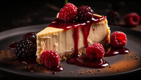Sweet berry cheesecake slice with raspberry and blueberry sauce generated by artificial intelligenceの素材