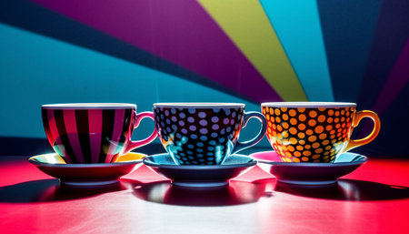 Multi colored coffee cup on wood table with saucer and liquid generated by artificial intelligenceの素材