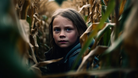 Cute girl sitting in autumn forest, looking at camera smiling generated by artificial intelligenceの素材