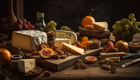 Rustic table with gourmet cheese, fruit, and wine variations generated by artificial intelligenceの素材