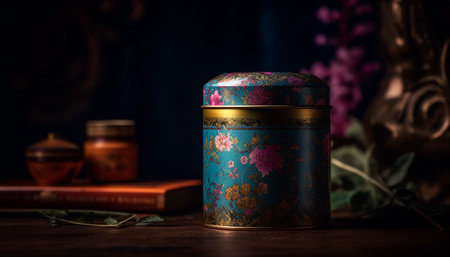 Rustic wooden table with antique book and candle decoration indoors generated by artificial intelligenceの素材