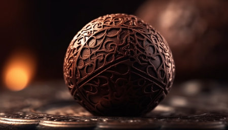 Antique chocolate ball on rustic wood table, symbol of spirituality generated by artificial intelligenceの素材