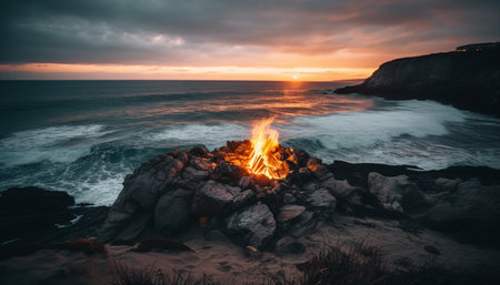 Tranquil scene of nature beauty at waters edge during sunset generated by artificial intelligenceの素材