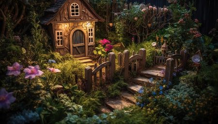 Multi colored illuminated cottage in formal garden surrounded by nature beauty generated by artificial intelligenceの素材