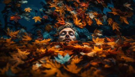 One woman lying down, smiling in autumn forest beauty generated by artificial intelligenceの素材