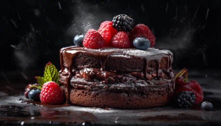 Indulgent homemade dessert plate with fresh berry and chocolate slice generated by artificial intelligenceの素材