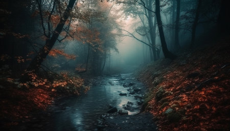 Mysterious forest in autumn, spooky and dark, wet with fog generated by artificial intelligenceの素材
