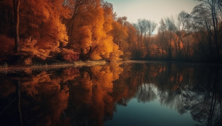 Tranquil autumn forest reflects vibrant colors in the tranquil lake generated by artificial intelligenceの素材