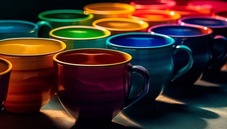 Vibrant colors of pottery mugs in a row on table generated by artificial intelligenceの素材