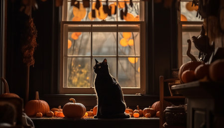 Cute kitten sitting on table, looking out window at spooky autumn night generated by artificial intelligenceの素材