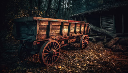 Rusty old wagon wheel abandoned in spooky ancient forest generated by artificial intelligenceの素材