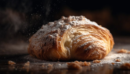Freshly baked croissant on rustic wood table, a gourmet delight generated by artificial intelligenceの素材