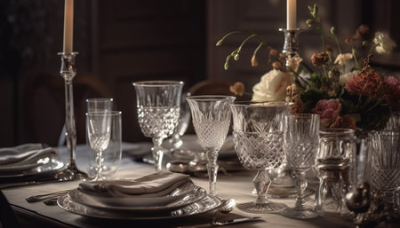 Luxury dining table decoration with crystal glassware and ornate silverware generated by artificial intelligenceの素材