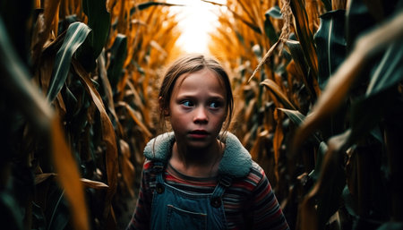 Young adult Caucasian man looking at camera in autumn forest generated by artificial intelligenceの素材