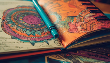 Old fashioned book collection on wooden table with colorful patterns generated by artificial intelligenceの素材