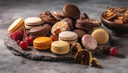 French gourmet indulgence a colorful macaroon stack on rustic wood generated by artificial intelligenceの素材