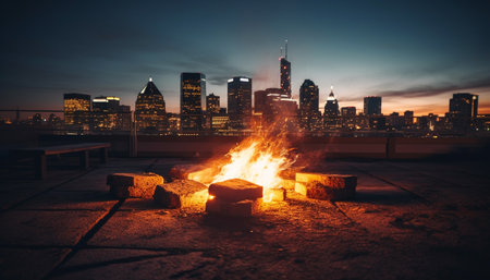 Glowing cityscape at dusk, skyscrapers illuminated by natural phenomena generated by artificial intelligenceの素材