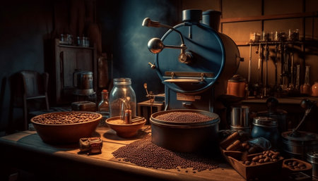 Rustic coffee shop prepares fresh, wholegrain coffee with antique machinery generated by artificial intelligenceの素材