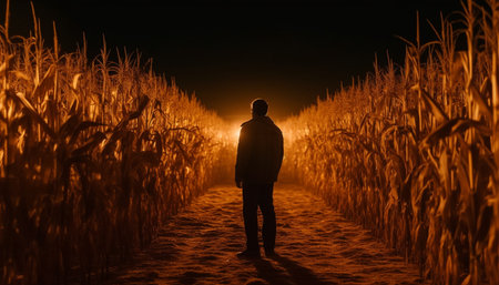 Lonely farmer walking through yellow corn fields at sunset generated by artificial intelligenceの素材