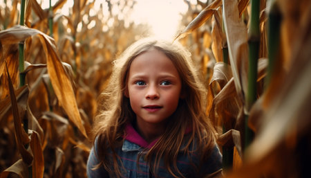 Smiling girl in nature, enjoying autumn beauty on a farm generated by artificial intelligenceの素材