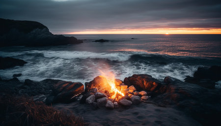 Tranquil seascape at dusk horizon over water, natural beauty generated by artificial intelligenceの素材