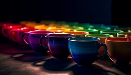 A row of multi colored coffee cups on a dark table generated by artificial intelligenceの素材