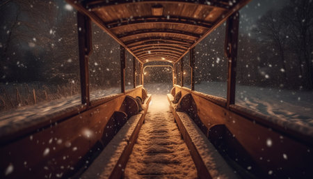 Winter night indoors snowing outside, frost on window generated by artificial intelligenceの素材