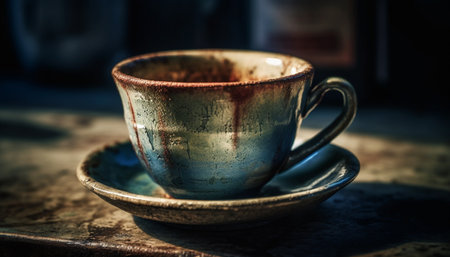 Rustic coffee table with dark mug and saucer, fresh cappuccino generated by artificial intelligenceの素材