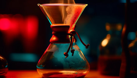 Liquid drop pouring from glass in illuminated bar establishment generated by artificial intelligenceの素材