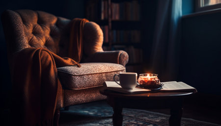 Cozy living room with modern armchair, comfortable sofa, and elegant decor generated by artificial intelligenceの素材