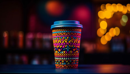 Hot coffee in disposable cup on table, illuminated by blue lighting generated by artificial intelligenceの素材