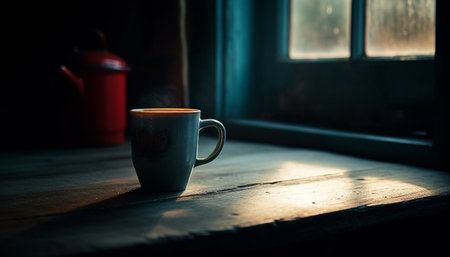 Rustic coffee cup on wooden table, steam rising, window background generated by artificial intelligenceの素材