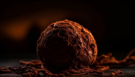 Gourmet chocolate ball on wooden table, surrounded by autumn leaves generated by artificial intelligenceの素材