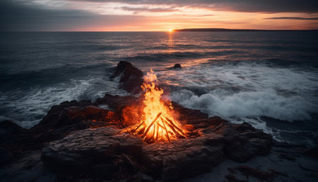 Sunset flame burns over crashing wave on rocky coastline horizon generated by artificial intelligenceの素材